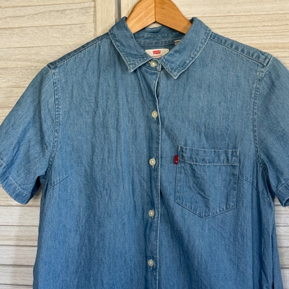 Levi's Women's Chambray Denim Shirt Dress Blue Button Front Short Sleeve Size S - Picture 3 of 10